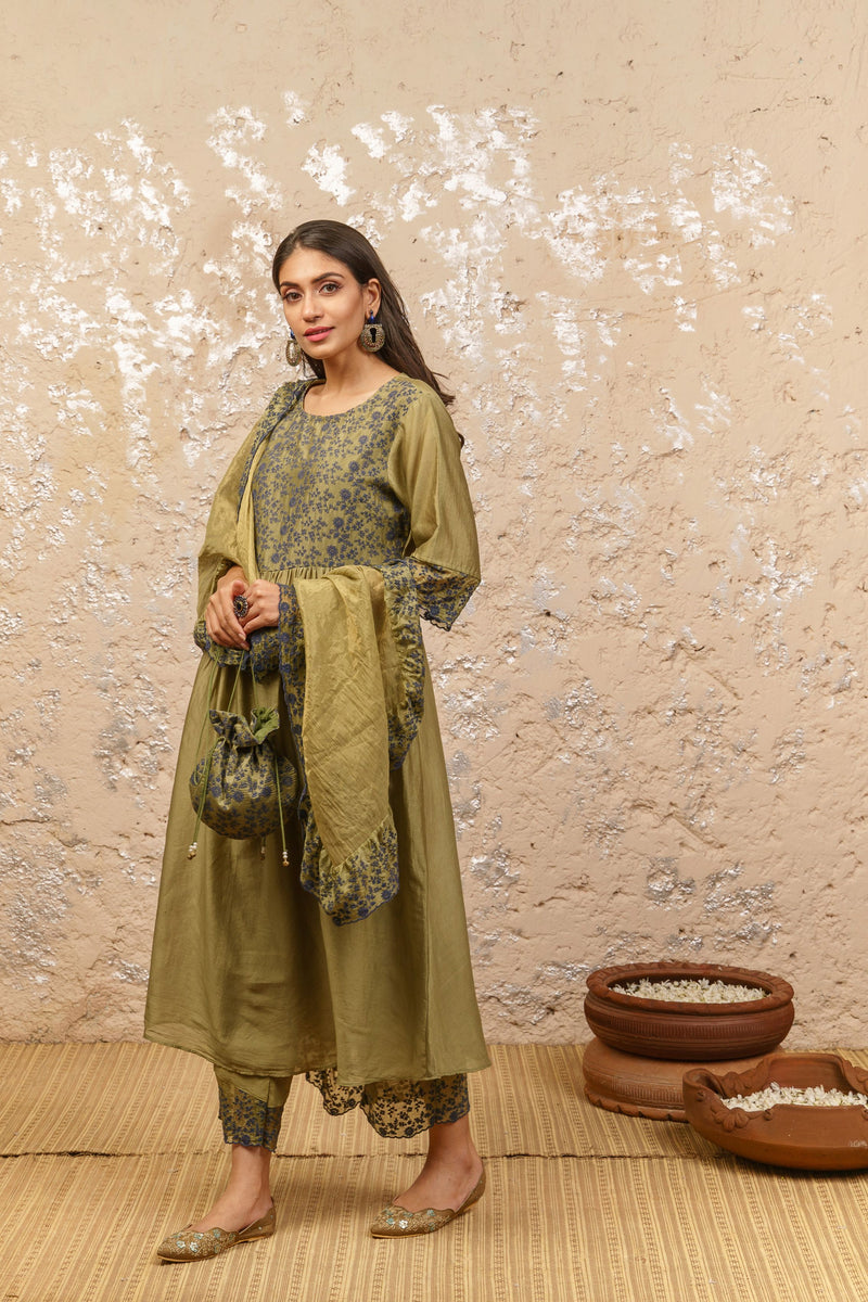 Seaweed Green Kurta With Pants And Dupatta - Naaz By Noor