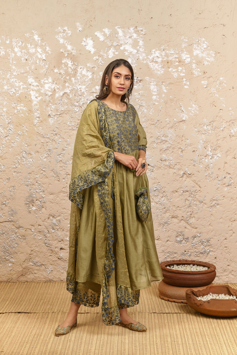 Seaweed Green Kurta With Pants And Dupatta - Naaz By Noor