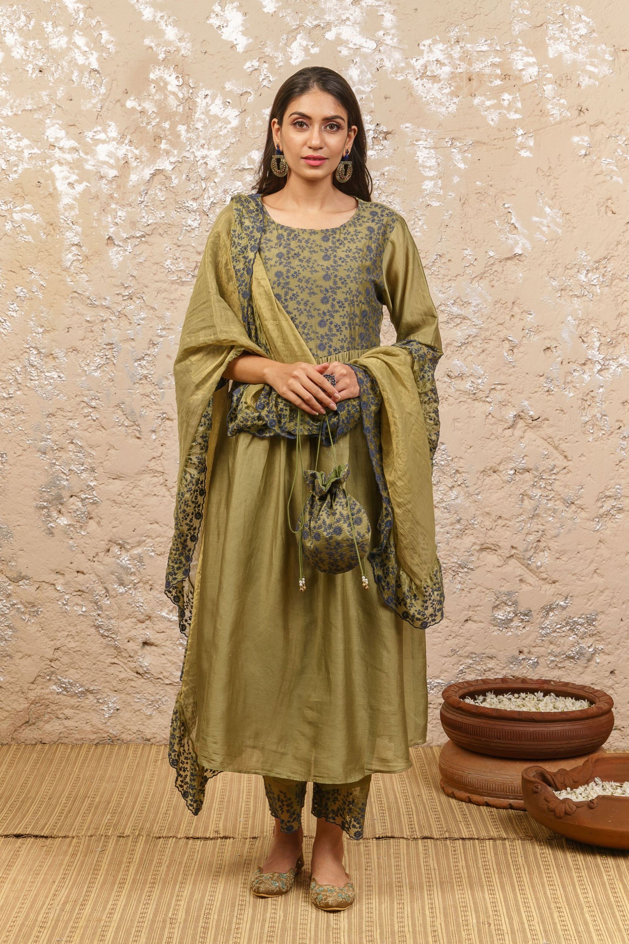 Seaweed Green Kurta With Pants And Dupatta - Naaz By Noor