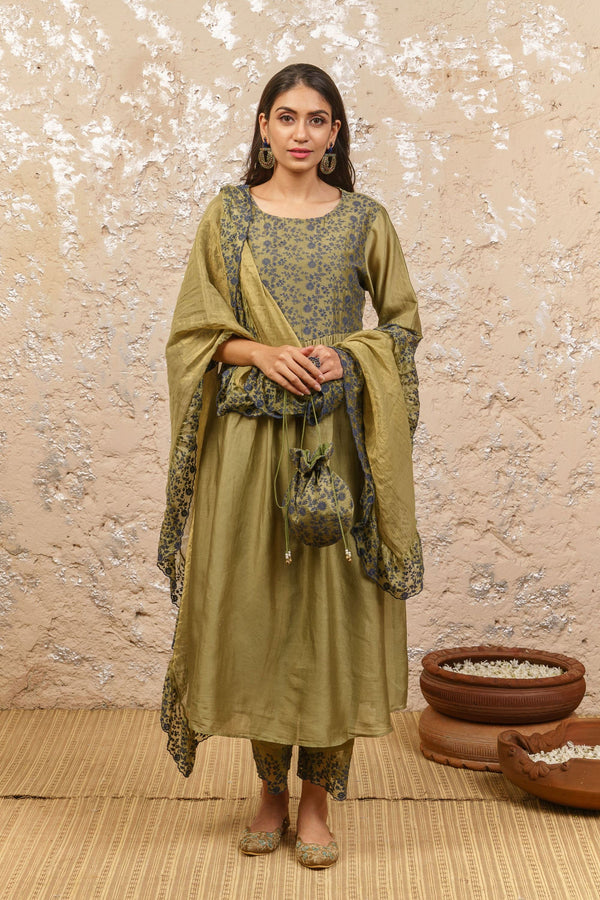 Seaweed Green Kurta With Pants And Dupatta - Naaz By Noor