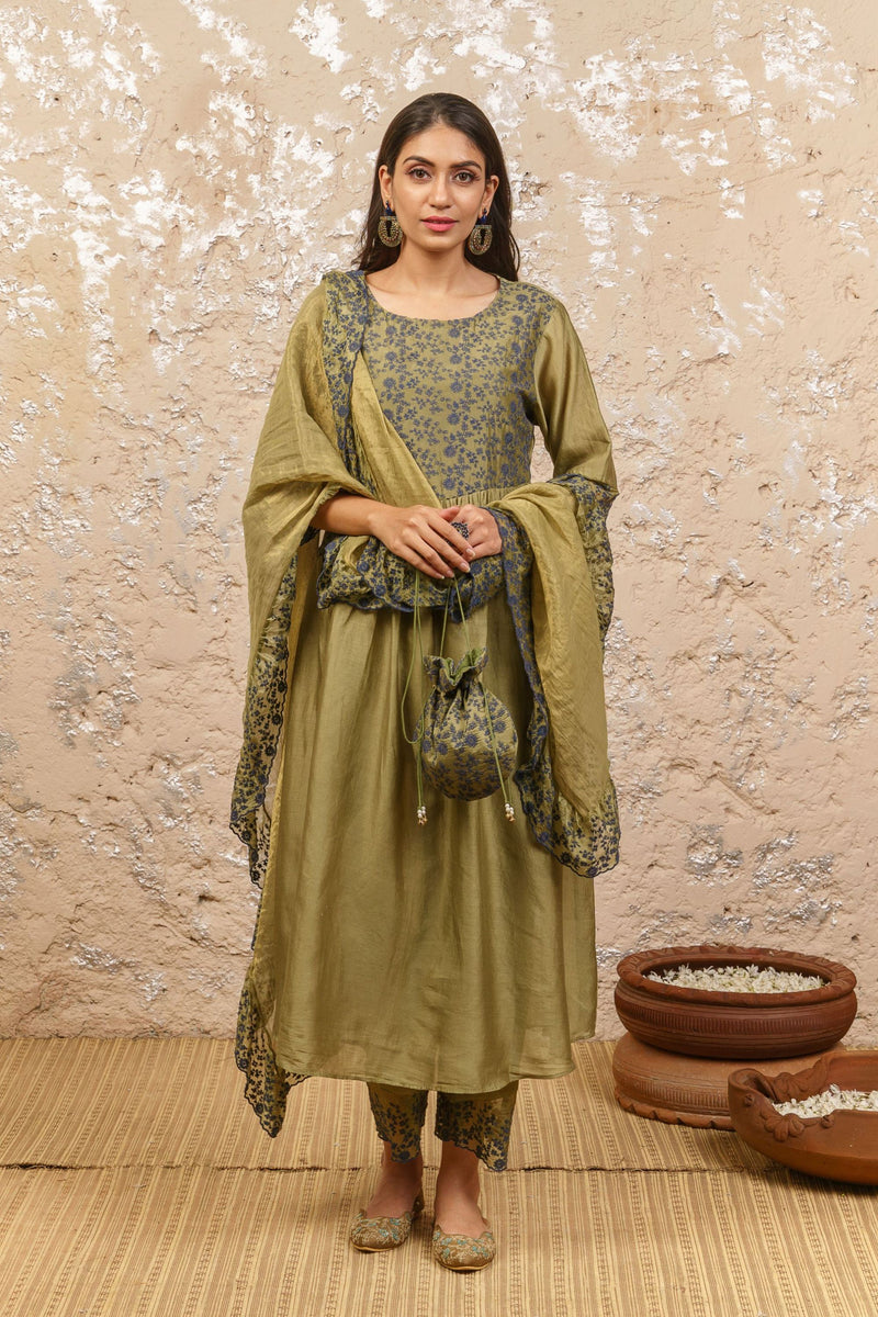 Seaweed Green Kurta With Pants And Dupatta - Naaz By Noor