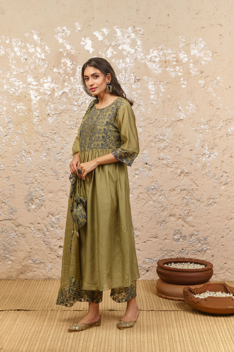 Seaweed Green Kurta With Pants And Dupatta - Naaz By Noor