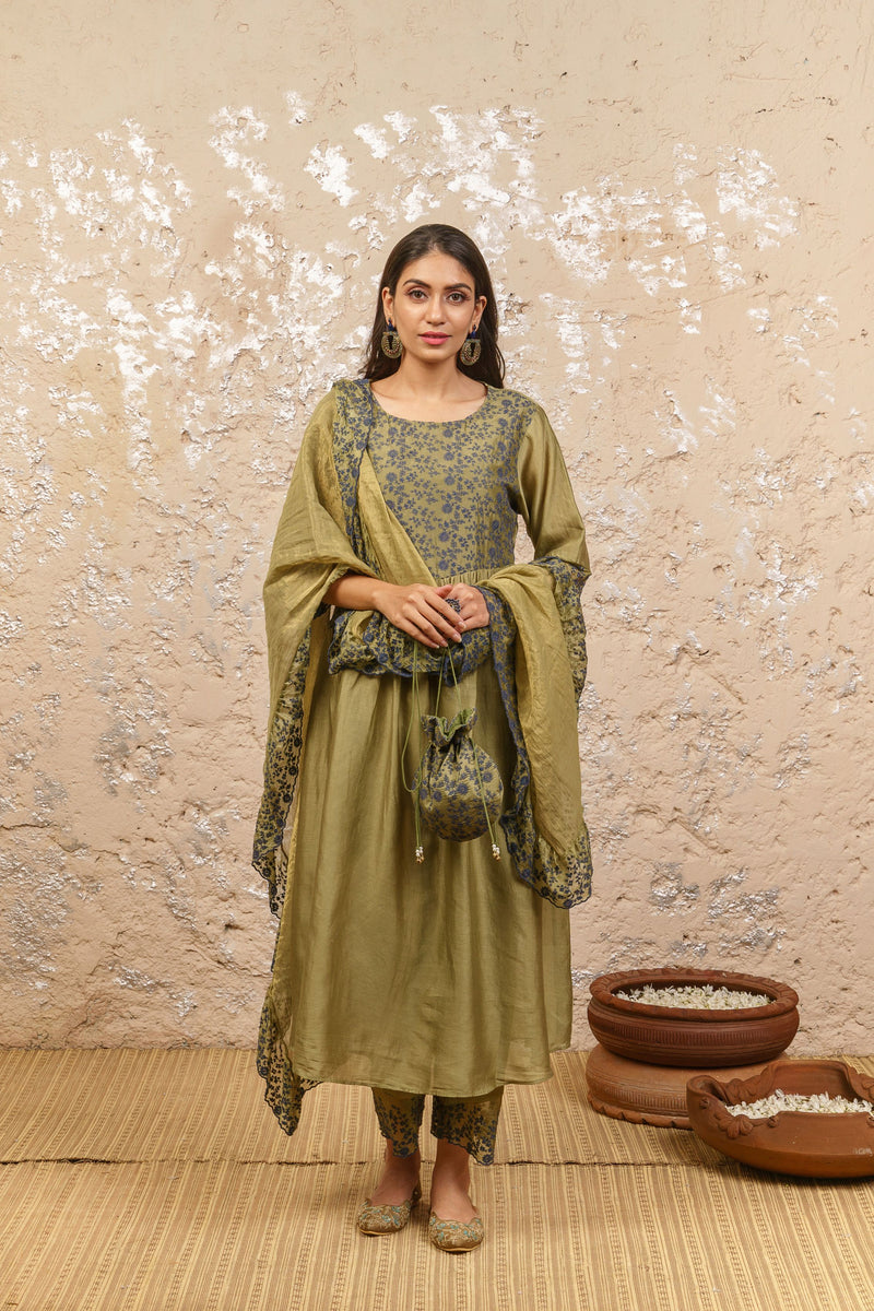 Seaweed Green Kurta With Pants And Dupatta - Naaz By Noor