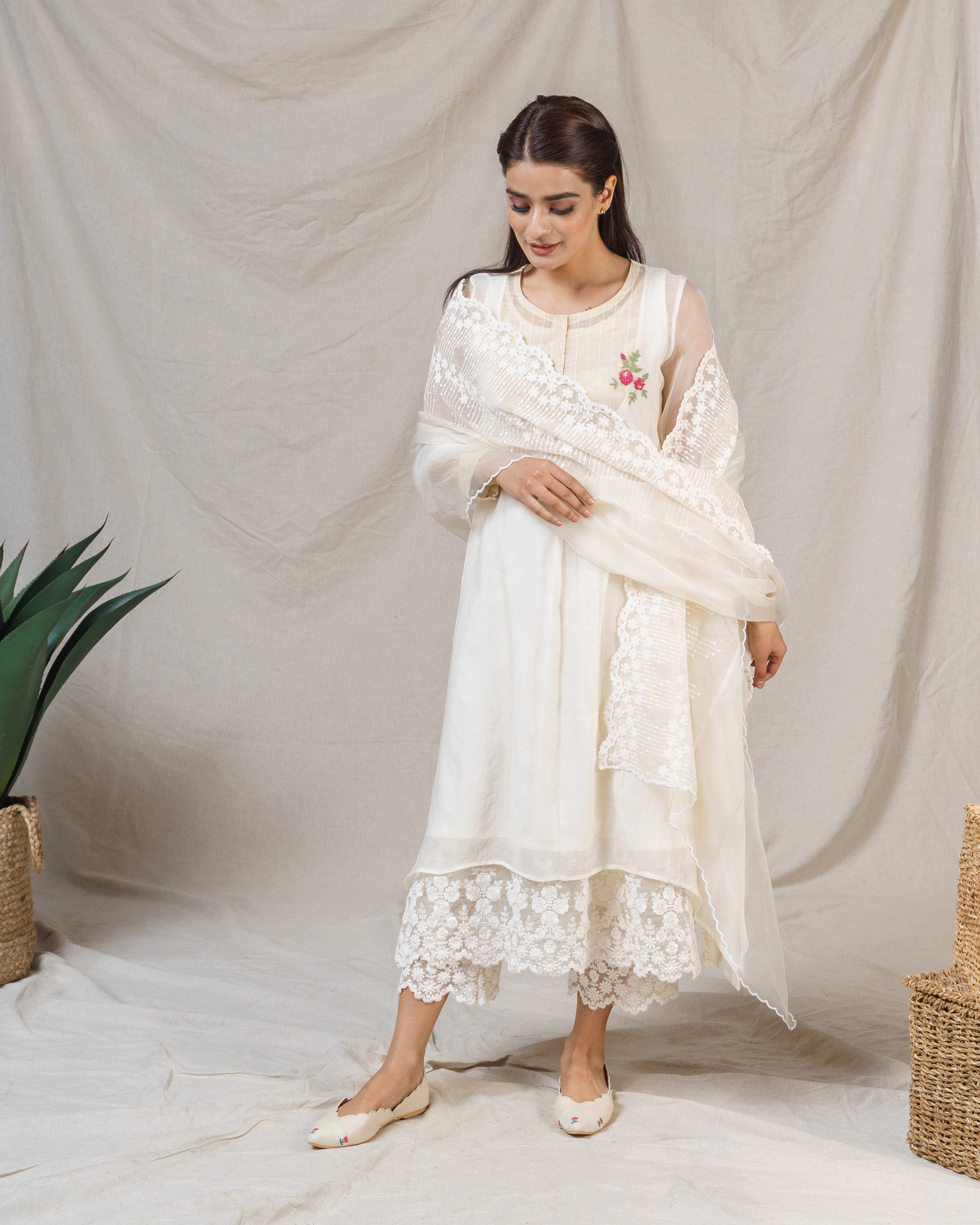 Snow drop white ensemble( with dupatta) - Naaz By Noor