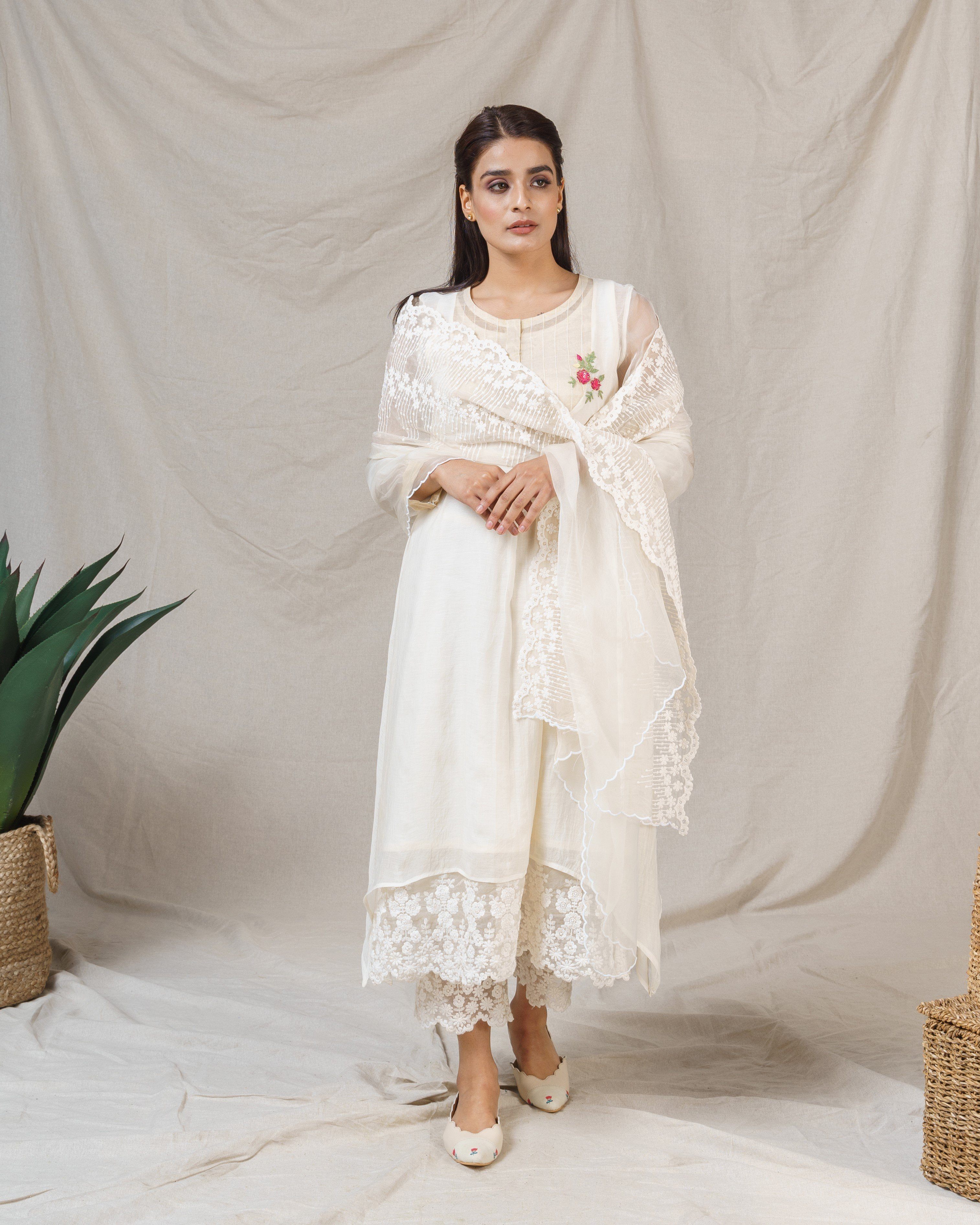 Snow drop white ensemble ( without dupatta) - Naaz By Noor