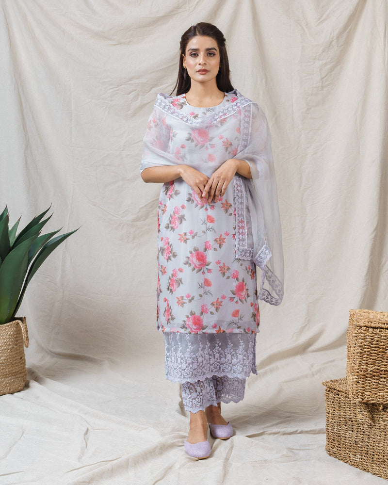 Snow Grey Printed ensemble-set of 3 - Naaz By Noor