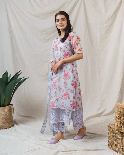 Snow Grey Printed ensemble-set of 3 - Naaz By Noor