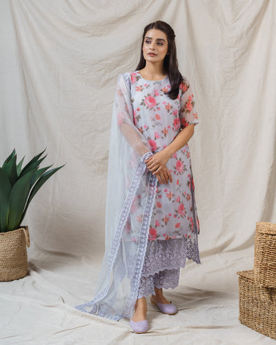 Snow Grey Printed ensemble-set of 3 - Naaz By Noor