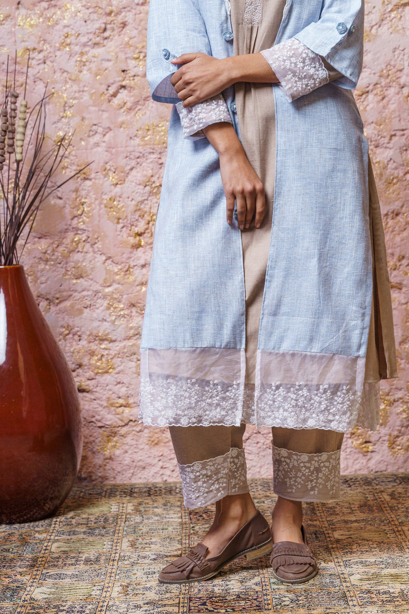 Soft Beige Tunic Set With Airy Blue Cape - Naaz By Noor