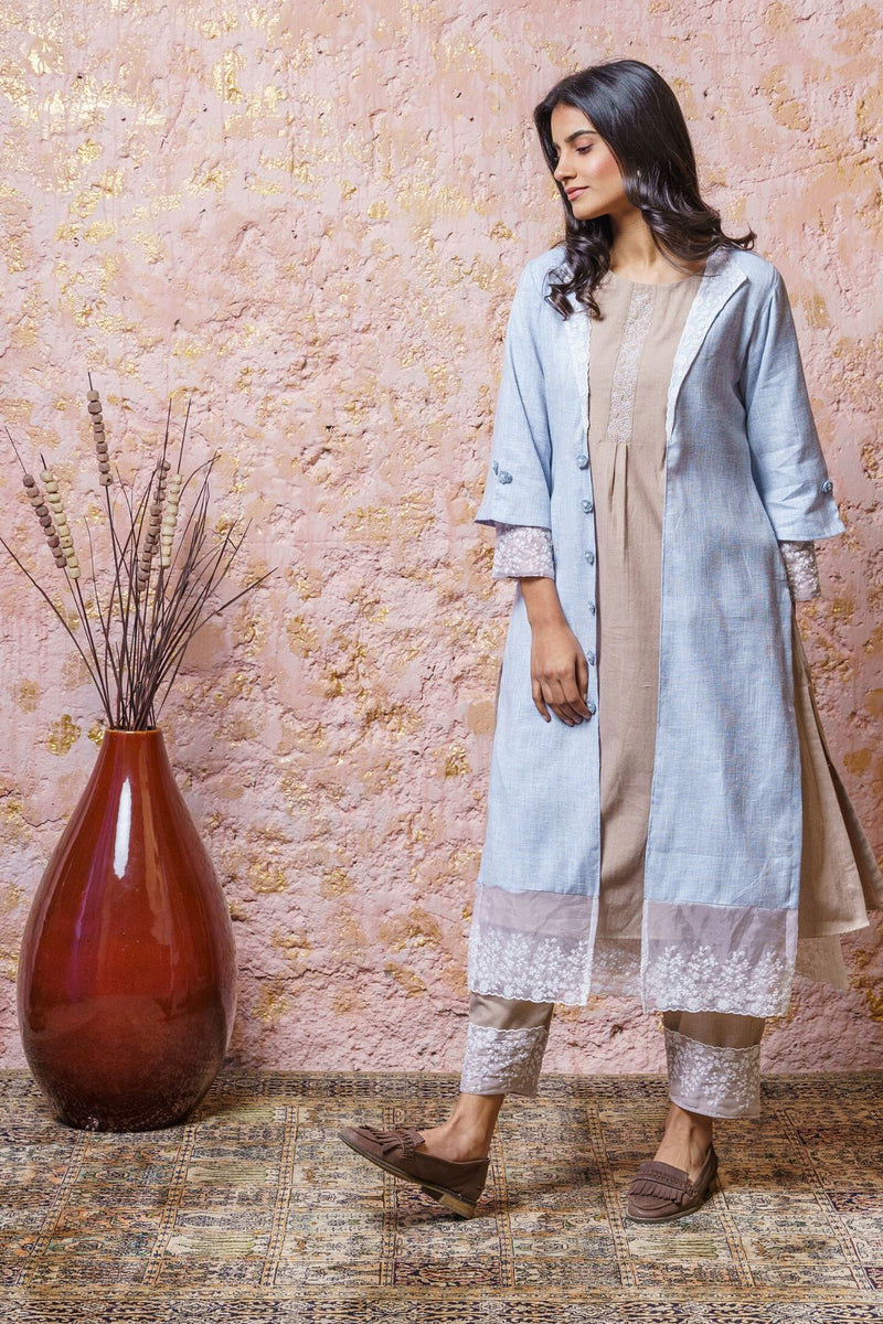 Soft Beige Tunic Set With Airy Blue Cape - Naaz By Noor