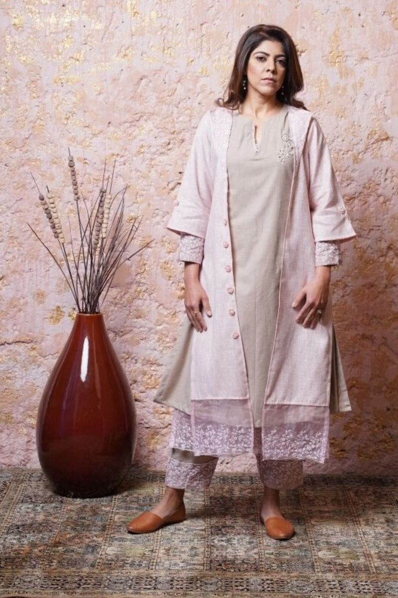 Soft Beige Tunic Set With Cape - Naaz By Noor