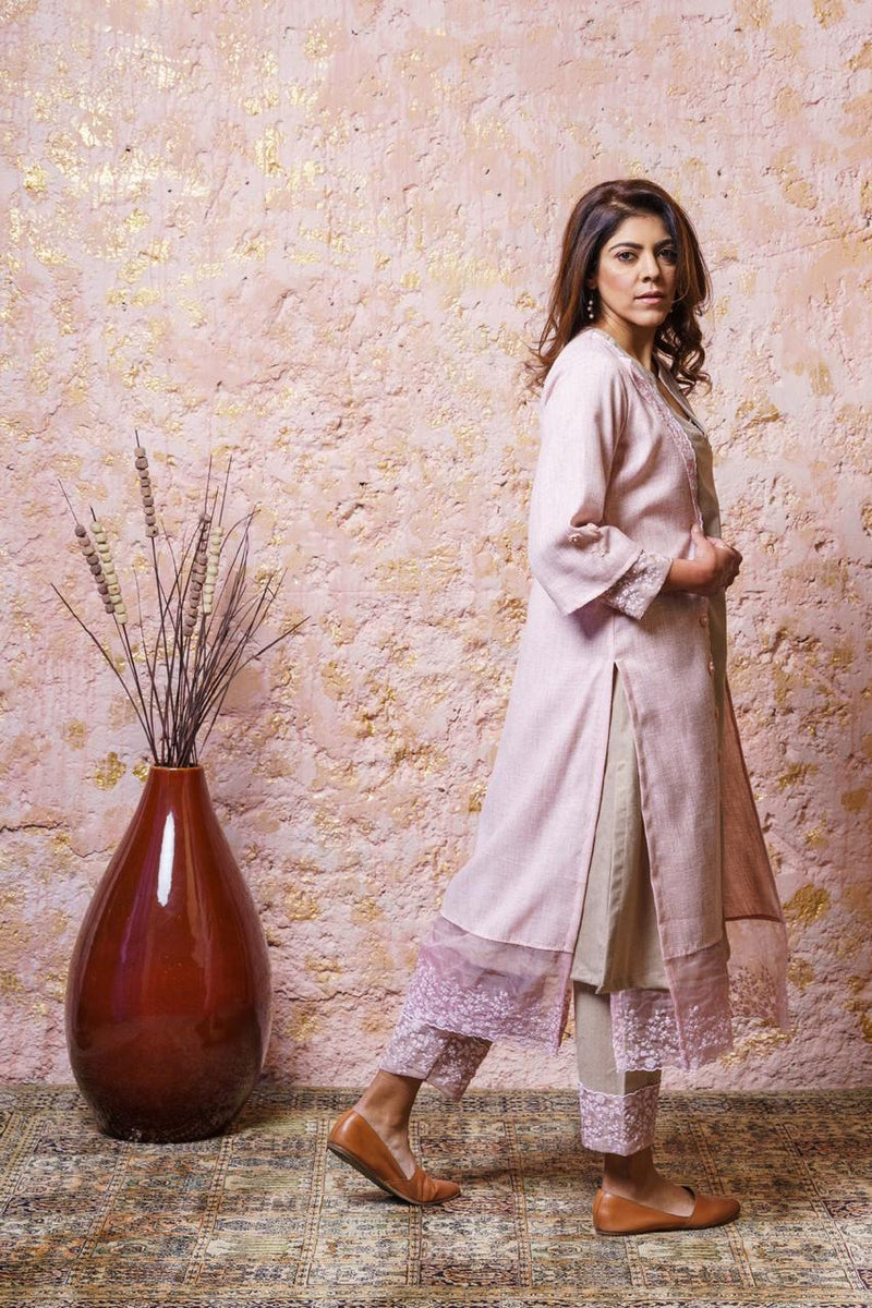 Soft Beige Tunic Set With Cape - Naaz By Noor