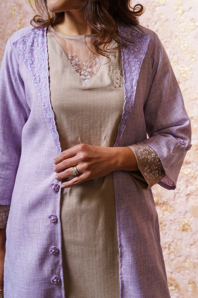 Soft Beige Tunic Set With Lavender Cape - Naaz By Noor