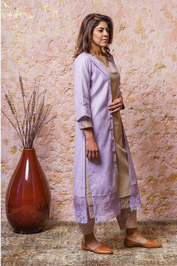 Soft Beige Tunic Set With Lavender Cape - Naaz By Noor