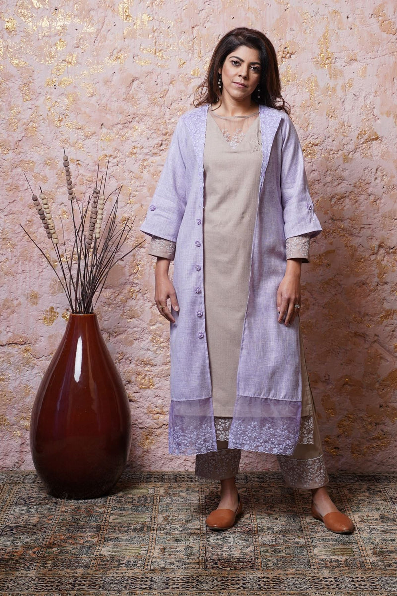 Soft Beige Tunic Set With Lavender Cape - Naaz By Noor