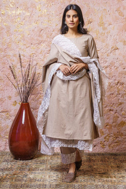 Soft Beige Tunic Set With Stole - Naaz By Noor