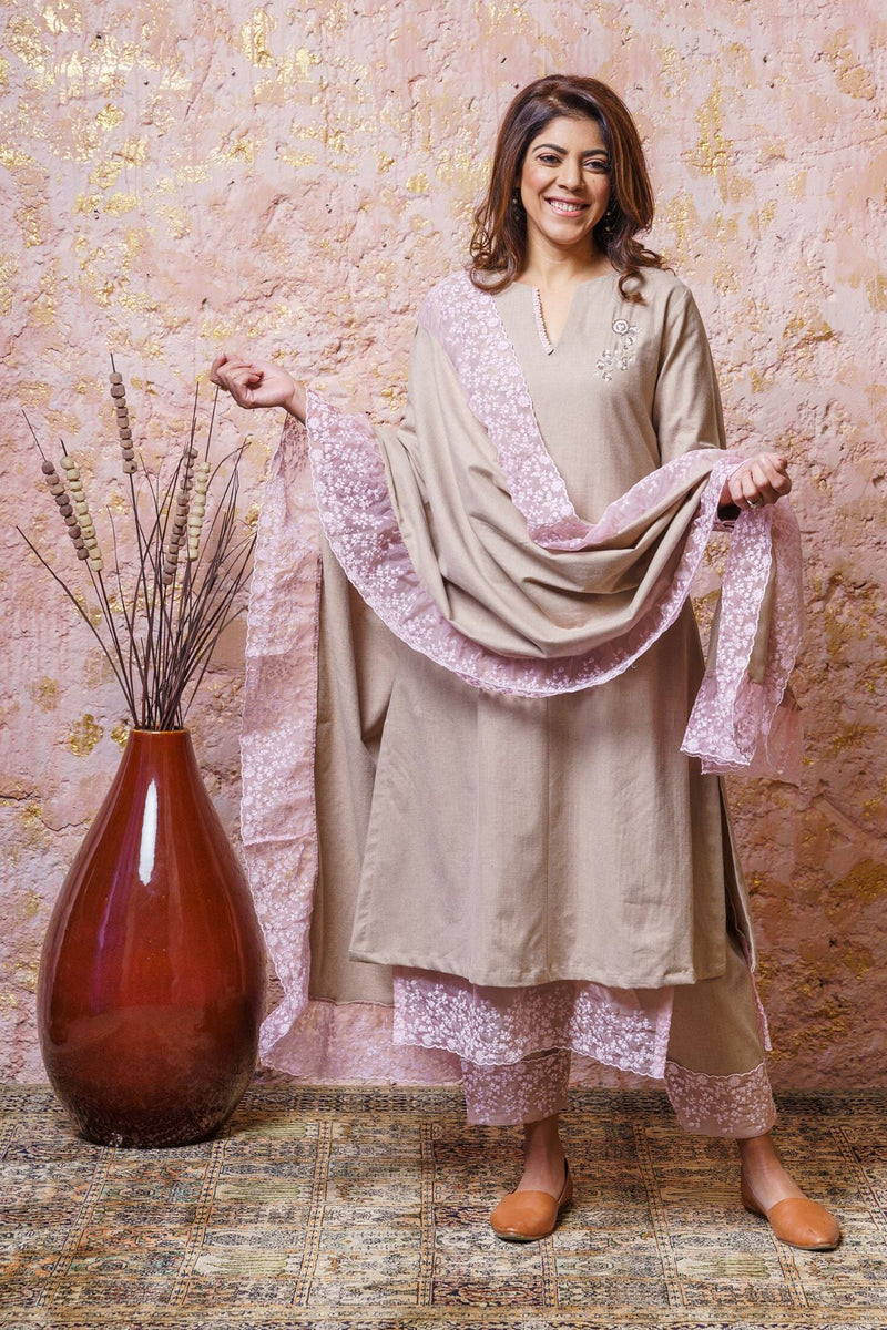 Soft Beige Tunic Set With Stole - Naaz By Noor