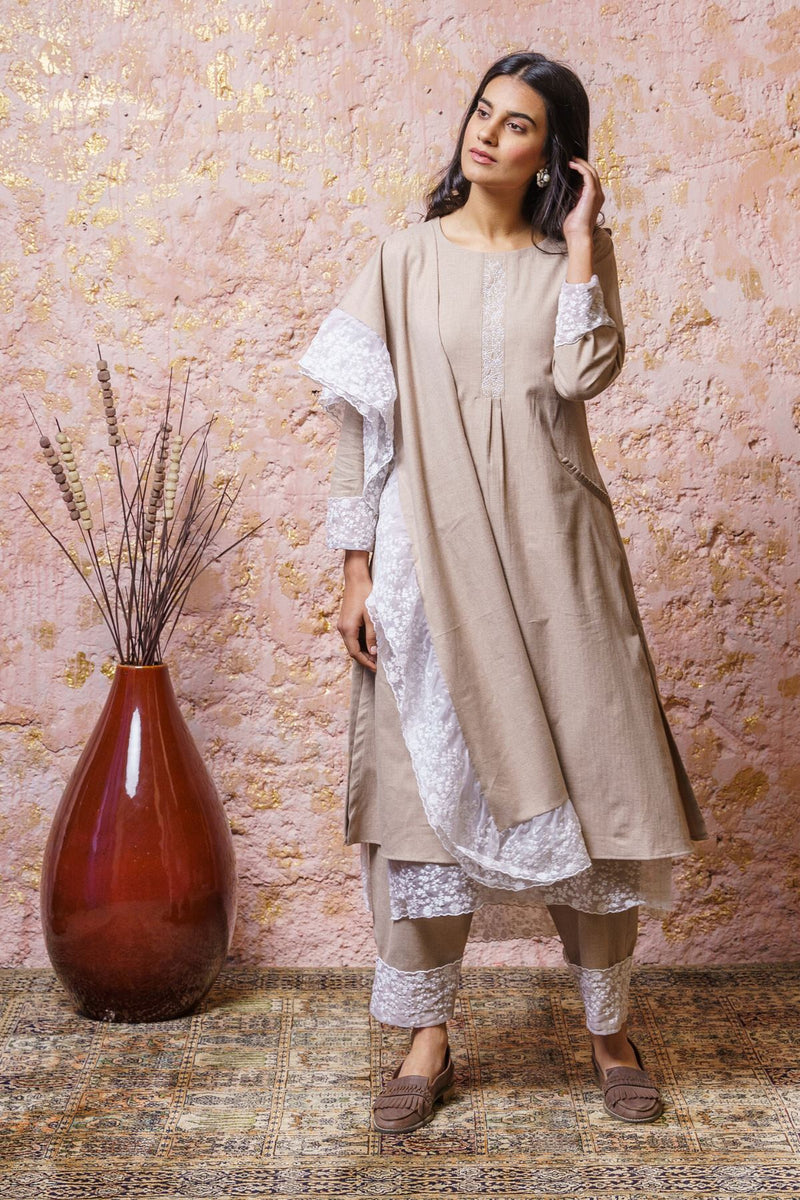 Soft Beige Tunic Set With Stole - Naaz By Noor