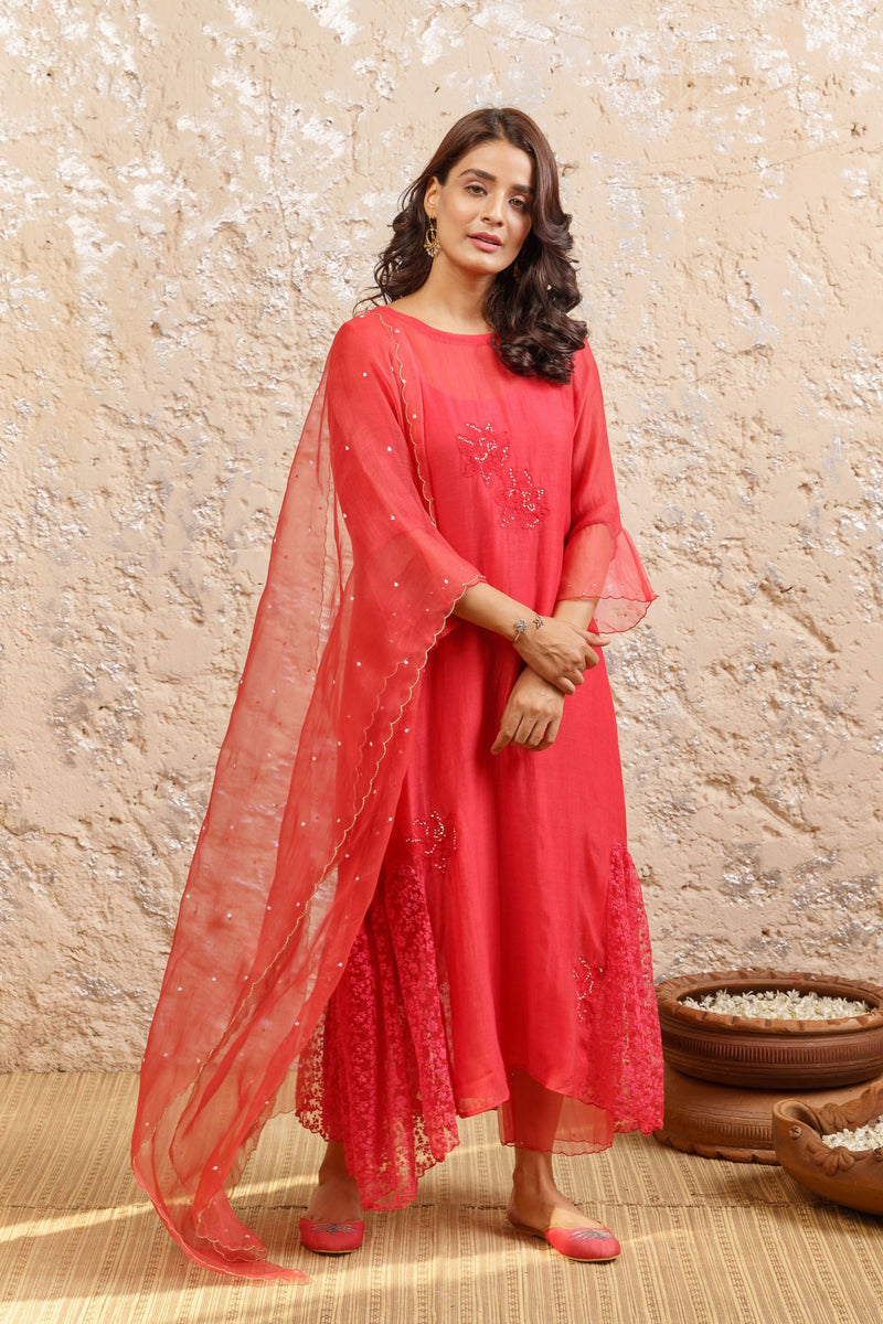 Spanish Red Kurta With Pants And Dupatta - Naaz By Noor