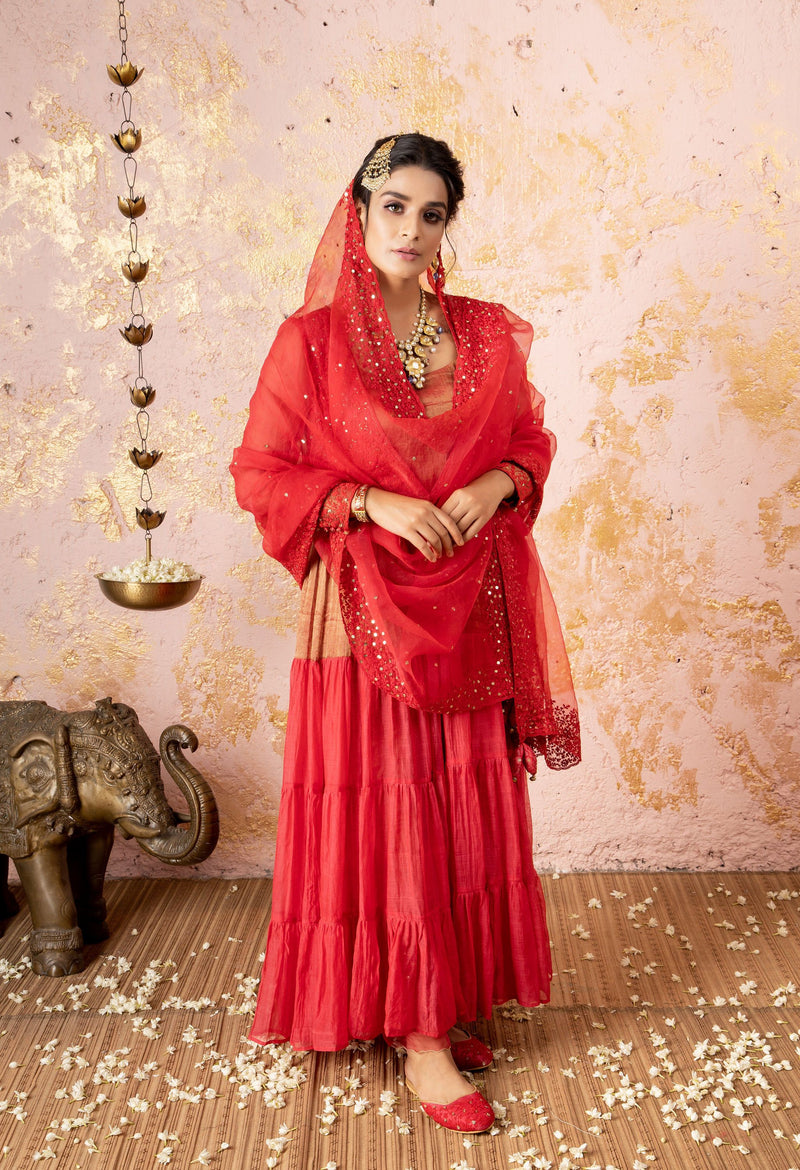 Spanish Red Tunic With Sharara And Dupatta - Naaz By Noor
