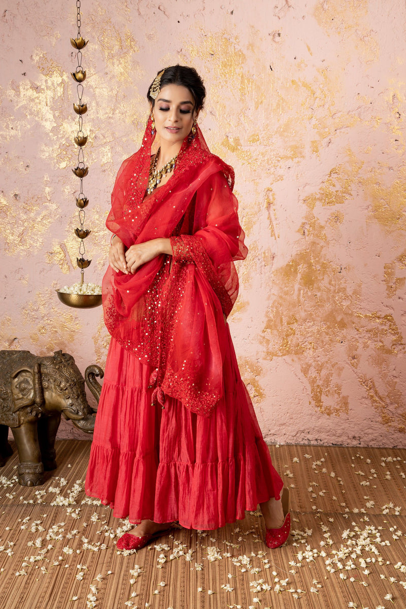 Spanish Red Tunic With Sharara And Dupatta - Naaz By Noor