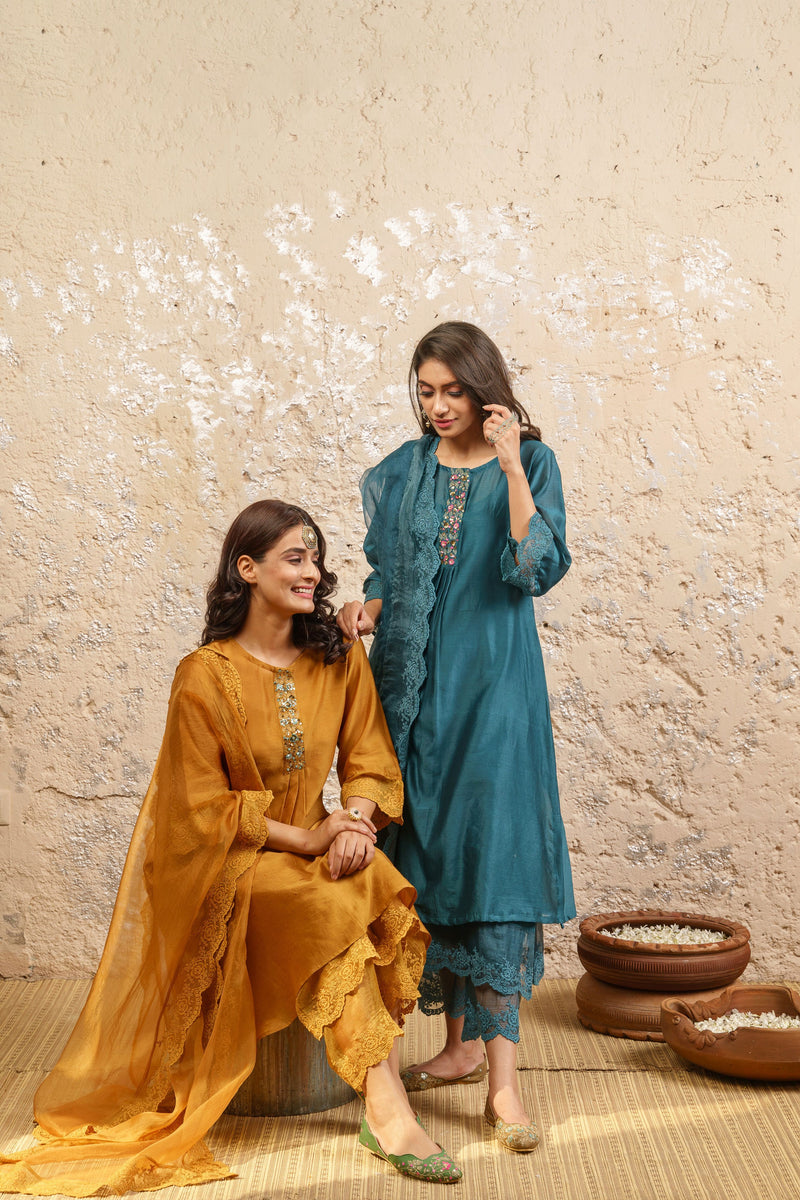 Teal Embroidered Kurta With Pants And Dupatta - Naaz By Noor