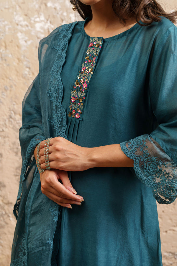 Teal Embroidered Kurta With Pants And Dupatta - Naaz By Noor