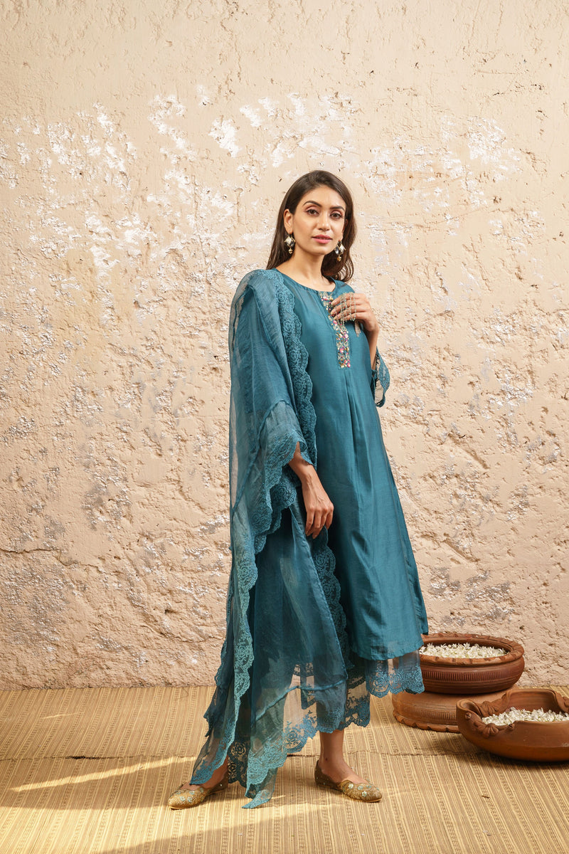 Teal Embroidered Kurta With Pants And Dupatta - Naaz By Noor