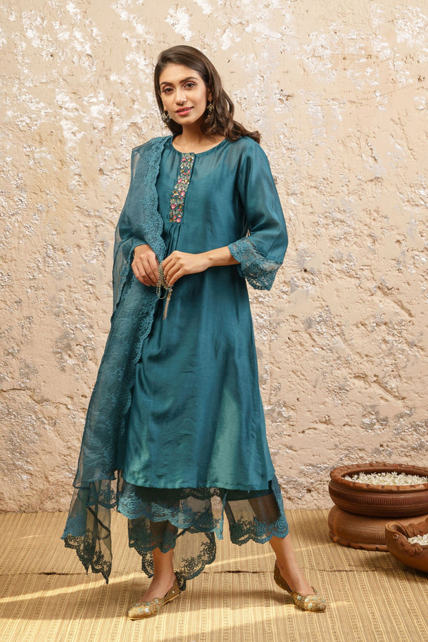 Teal Embroidered Kurta With Pants And Dupatta - Naaz By Noor