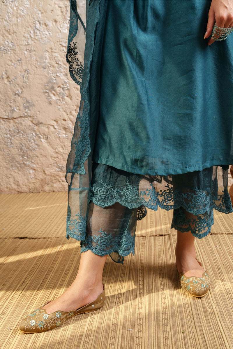 Teal Embroidered Kurta With Pants And Dupatta - Naaz By Noor