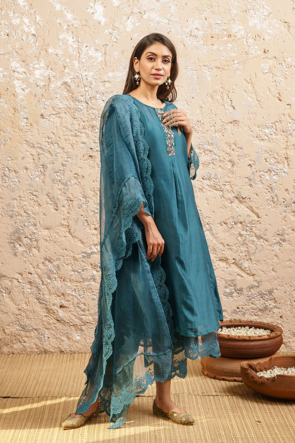 Teal Embroidered Kurta With Pants (Without Dupatta) - Naaz By Noor