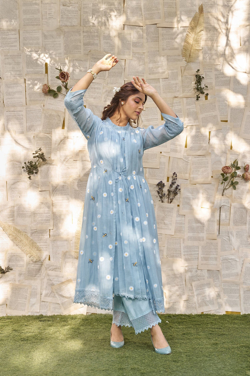 THE BLUE LOVE LETTER- SET OF 3 ( kurta, cape, pant) Naaz By Noor 