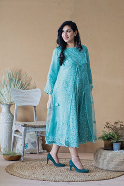 THE POPPY BLUE DRESS WITH ORGANZA OVERLAY - Naaz By Noor