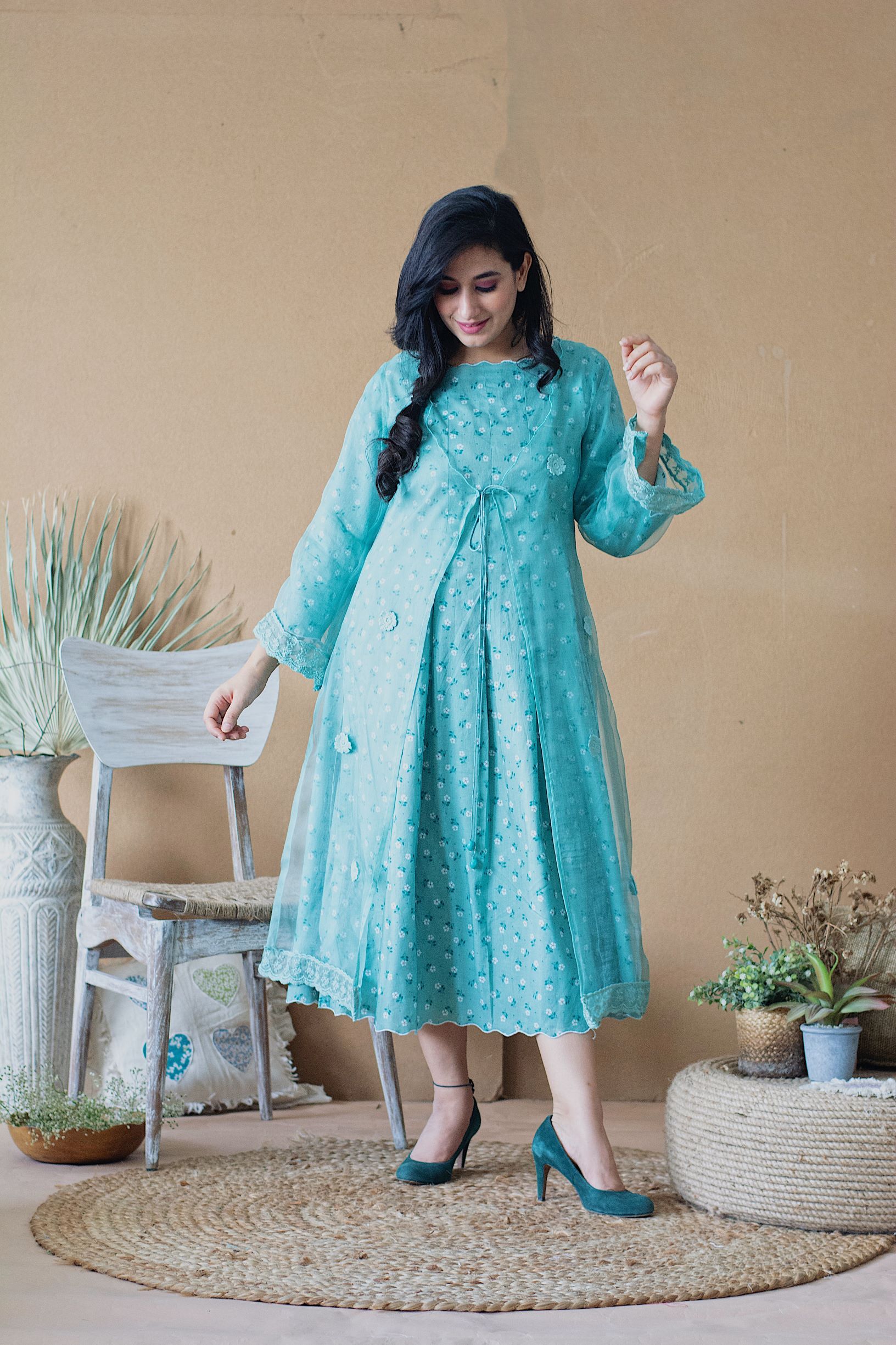 THE POPPY BLUE DRESS WITH ORGANZA OVERLAY - Naaz By Noor