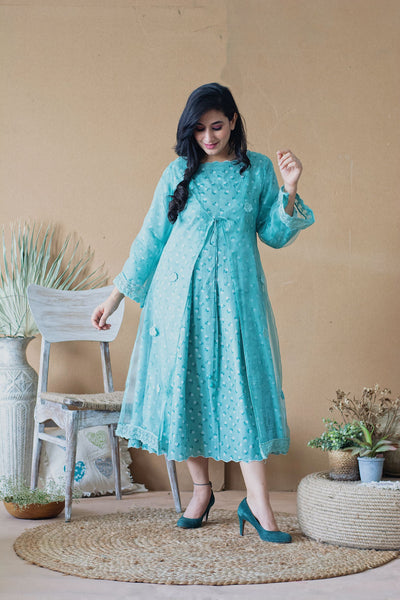 THE POPPY BLUE DRESS WITH ORGANZA OVERLAY - Naaz By Noor