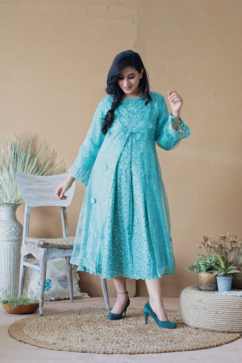 THE POPPY BLUE DRESS WITH ORGANZA OVERLAY - Naaz By Noor