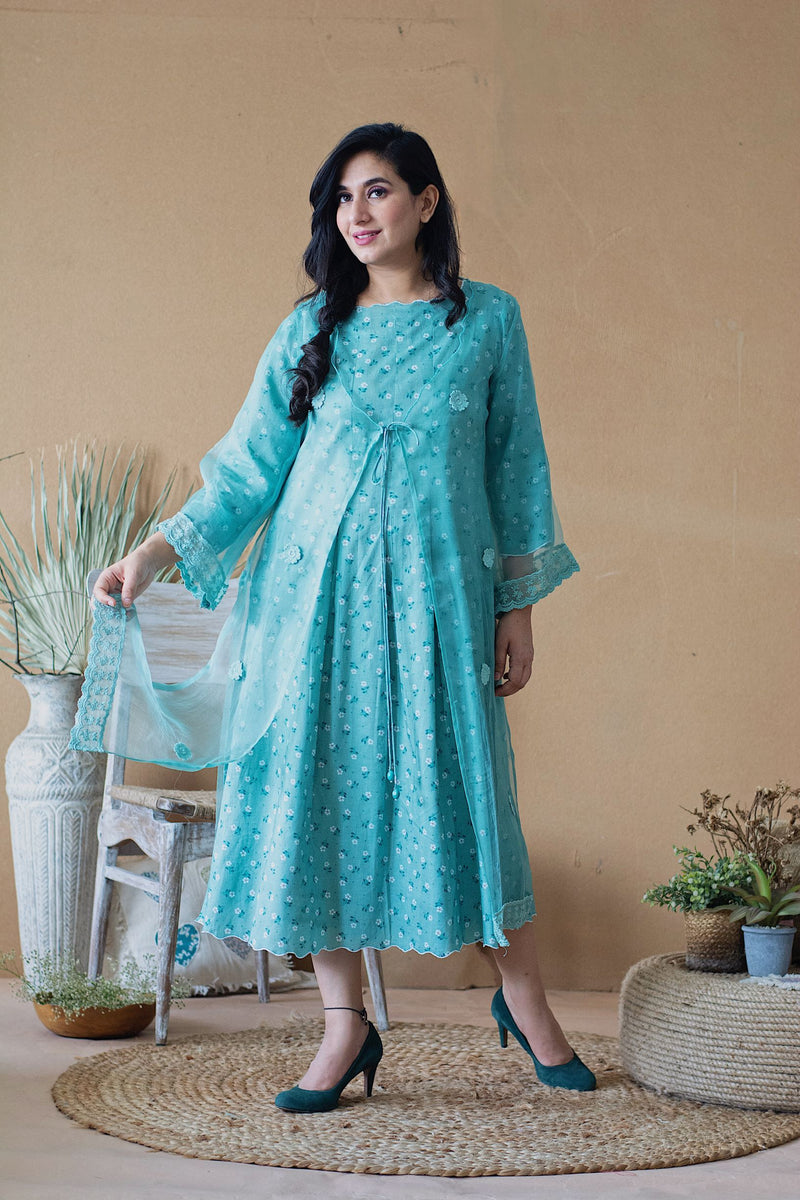 THE POPPY BLUE DRESS WITH ORGANZA OVERLAY - Naaz By Noor