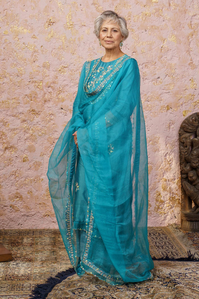 Turquoise Kurta With Sharara And Dupatta - Naaz By Noor