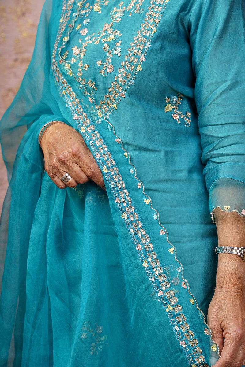 Turquoise Kurta With Sharara And Dupatta - Naaz By Noor