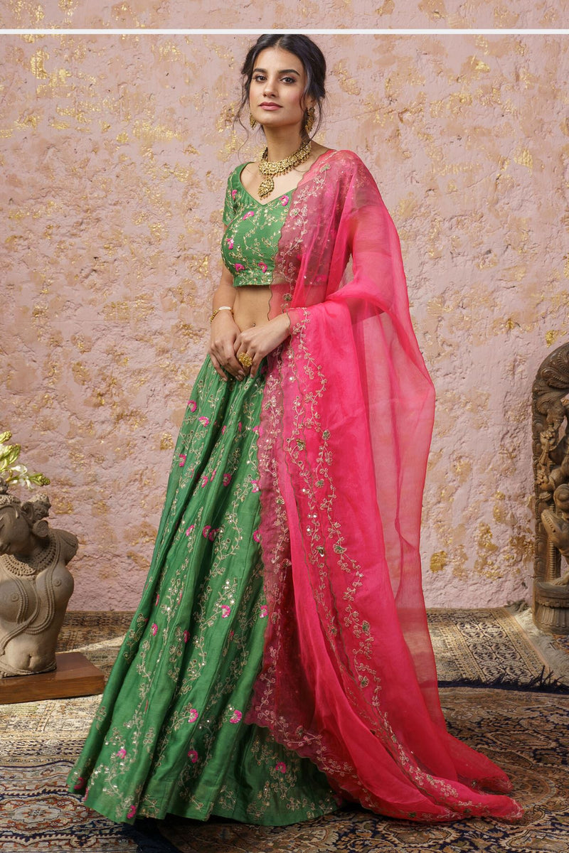 Vintage Green Lehenga Set Wih Fuchsia Duptta - Naaz By Noor