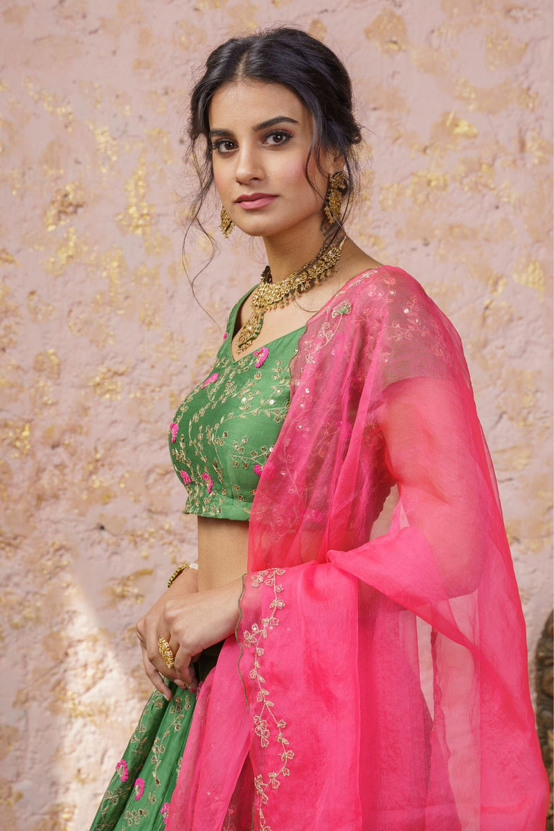 Vintage Green Lehenga Set Wih Fuchsia Duptta - Naaz By Noor