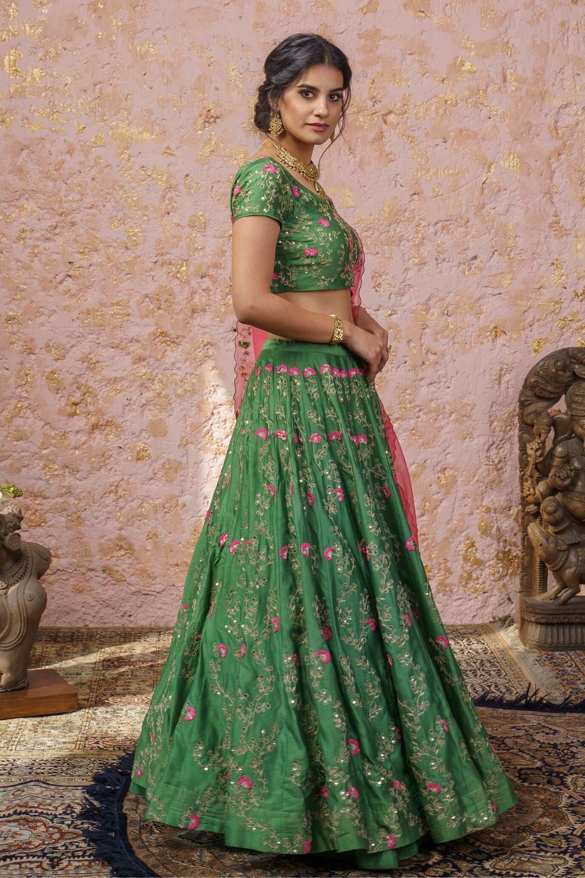 Vintage Green Lehenga Set Wih Fuchsia Duptta - Naaz By Noor
