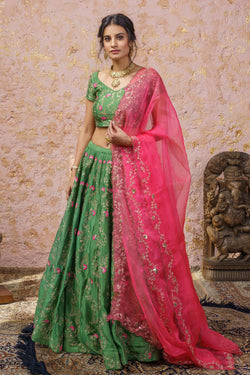 Vintage Green Lehenga Set Wih Fuchsia Duptta - Naaz By Noor