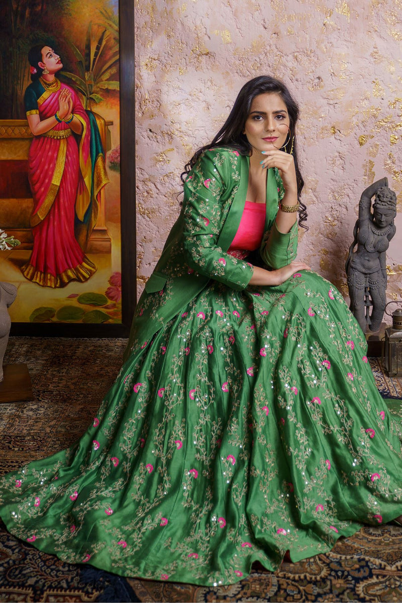 Vintage Green Lehenga Set With Dupatta - Naaz By Noor