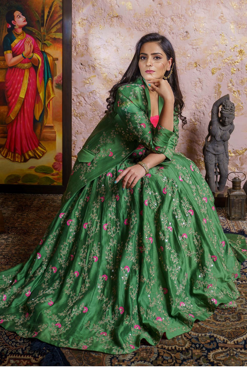 Vintage Green Lehenga Set With Dupatta - Naaz By Noor