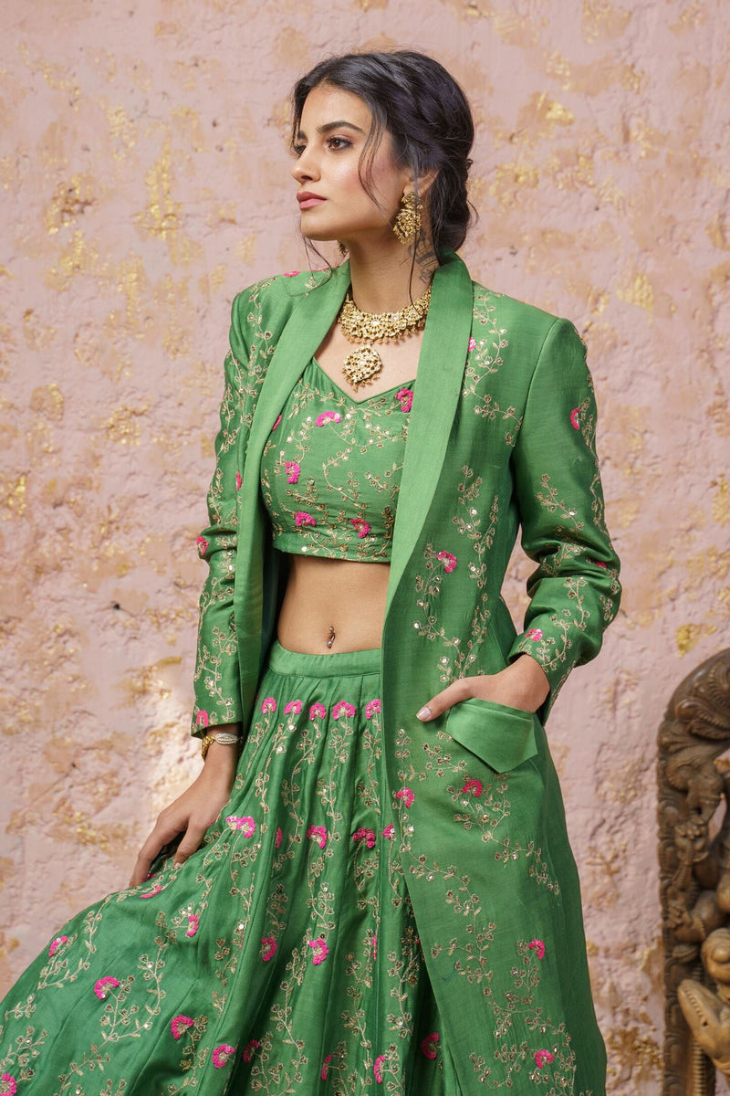 Vintage Green Lehenga Set With Jacket - Naaz By Noor