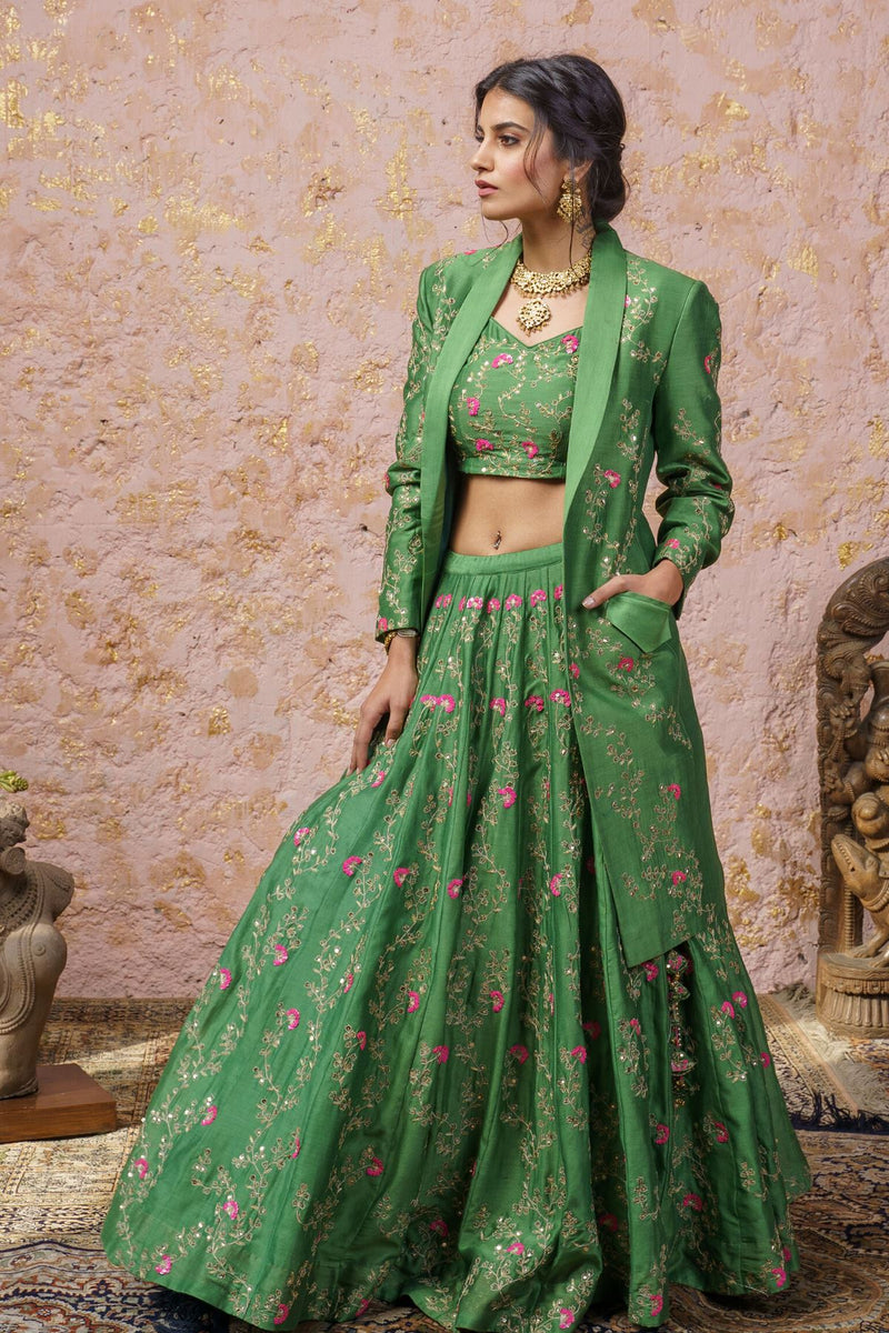 Vintage Green Lehenga Set With Jacket - Naaz By Noor