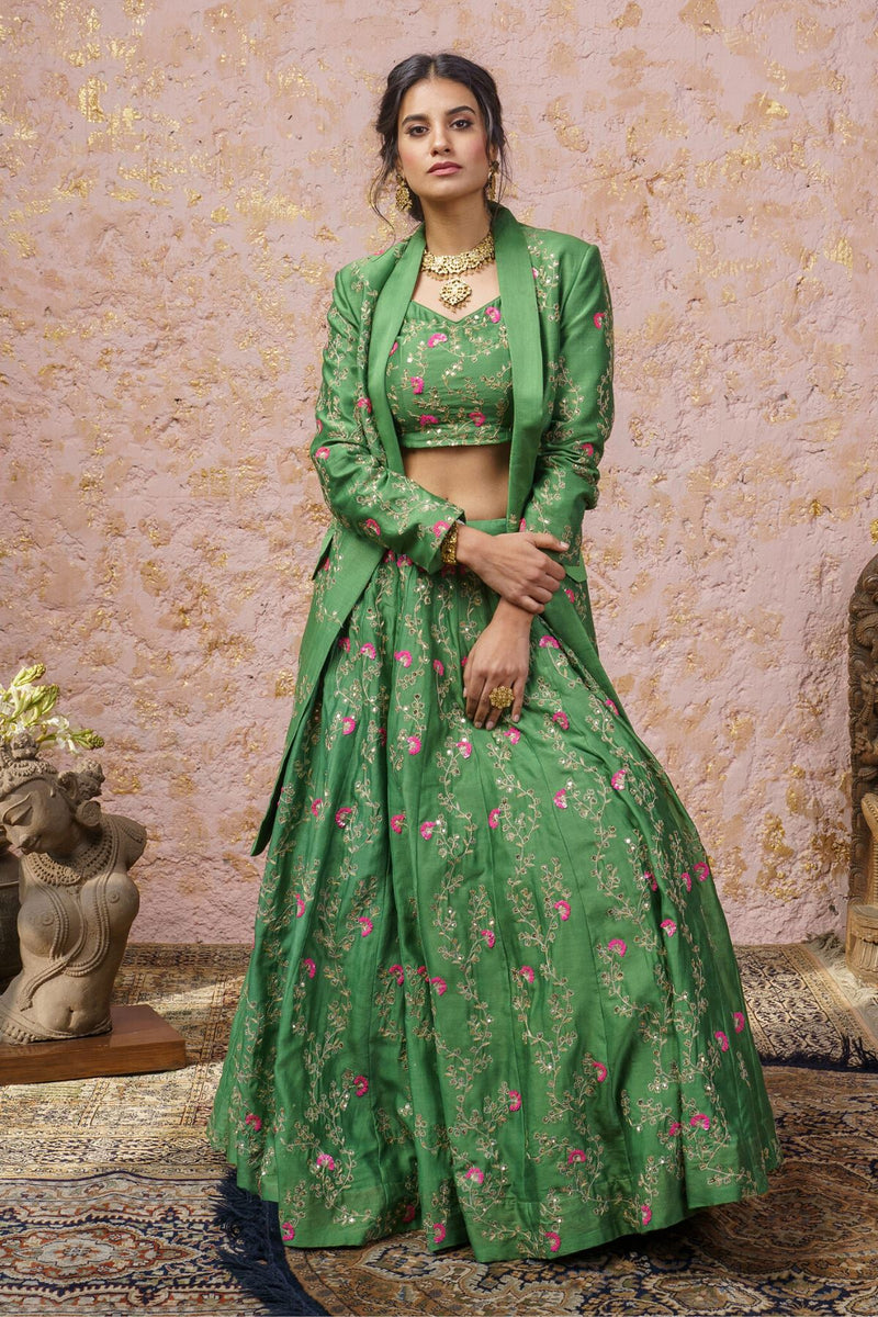 Vintage Green Lehenga Set With Jacket - Naaz By Noor