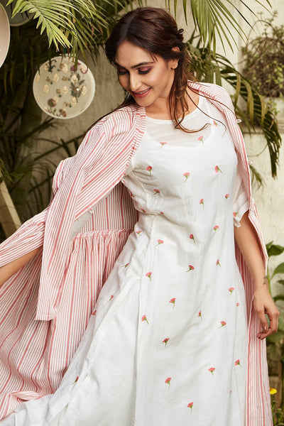 White Kurta With Pink Cape - Naaz By Noor