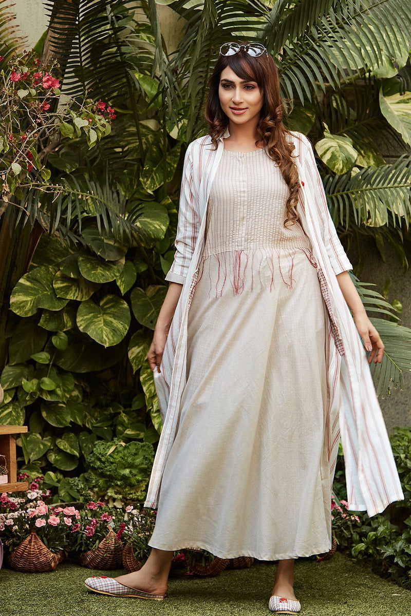 White Printed Cape With Dress - Naaz By Noor
